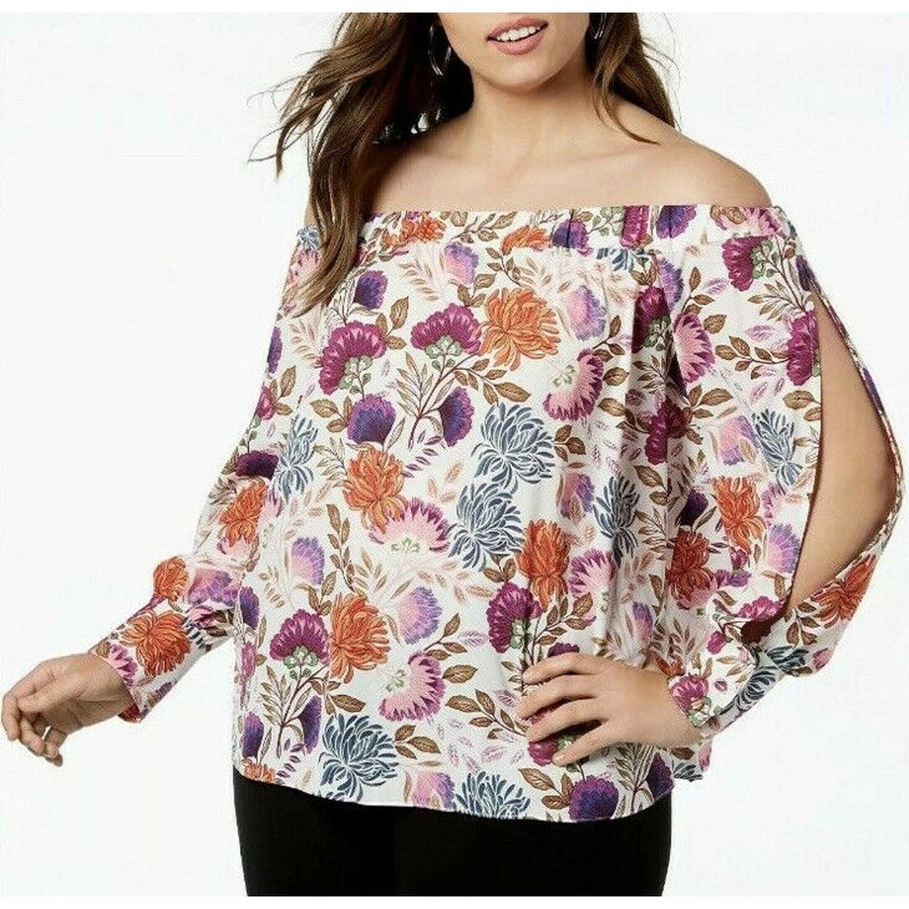 New INC Womans Sz 3X Blouse Lovely Lobelia Off The Shoulder Split Sleeve Floral